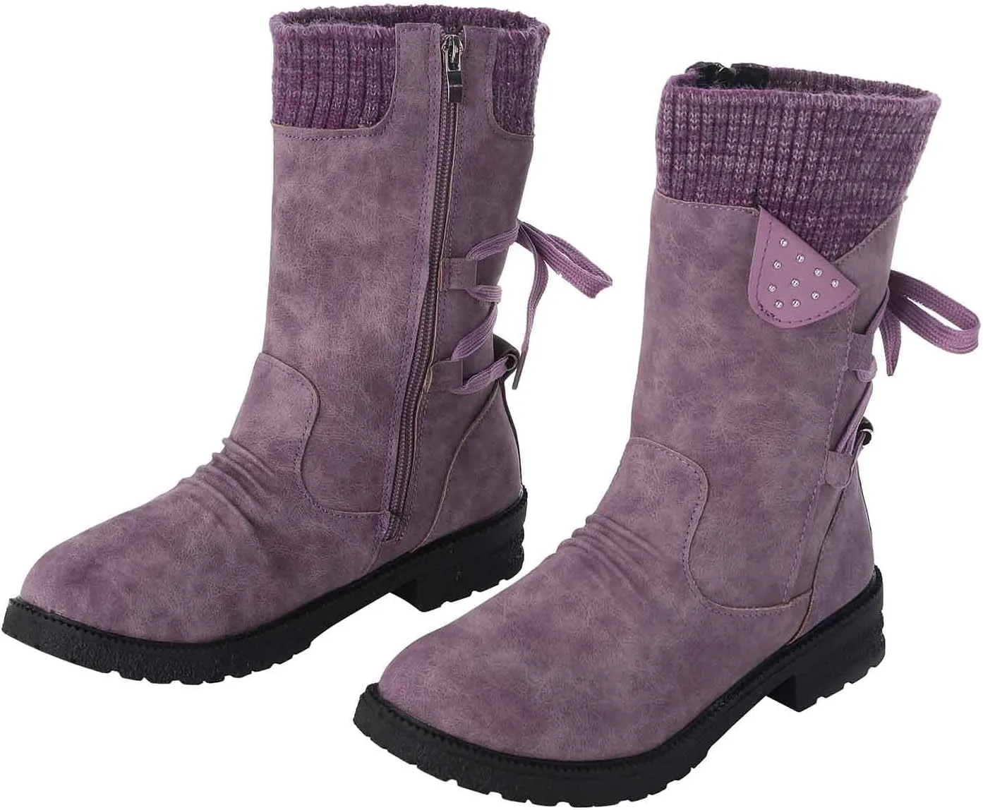 AMDBEL Winter Boots for Women Snow, Women's Mid Calf Flat Ankle Booties for Cowgirl Side Zip Buckle Strappy Shoes Snow Boots
