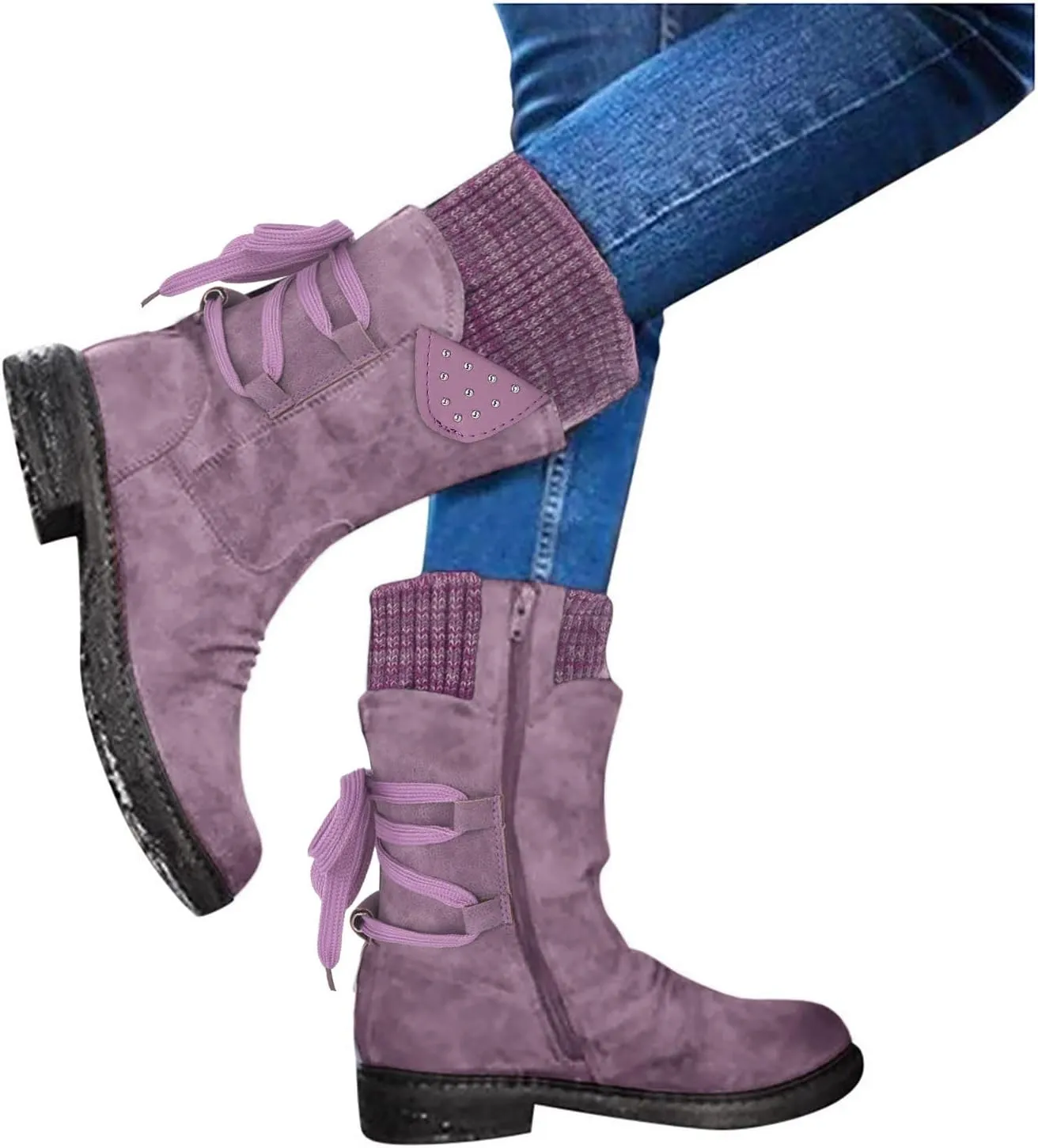 AMDBEL Winter Boots for Women Snow, Women's Mid Calf Flat Ankle Booties for Cowgirl Side Zip Buckle Strappy Shoes Snow Boots