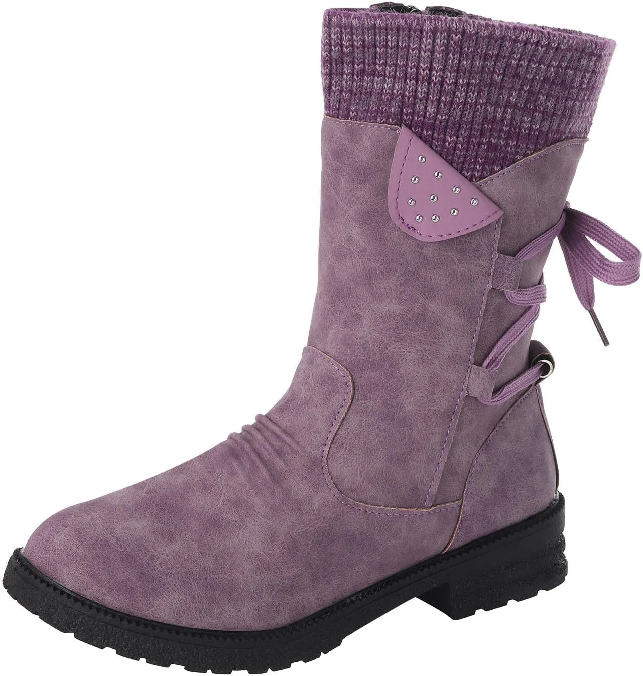 AMDBEL Winter Boots for Women Snow, Women's Mid Calf Flat Ankle Booties for Cowgirl Side Zip Buckle Strappy Shoes Snow Boots
