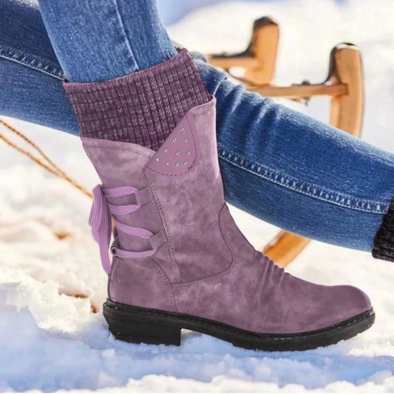 AMDBEL Winter Boots for Women Snow, Women's Mid Calf Flat Ankle Booties for Cowgirl Side Zip Buckle Strappy Shoes Snow Boots