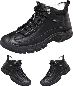 DevilAngel Men's Fleekcomfy Snowy Villi Leather Ankle Boots, Fleece Thick Lace-Up Low Top Snow Boots, Outdoor Non-Slip Hiking Boots. (Black,10)