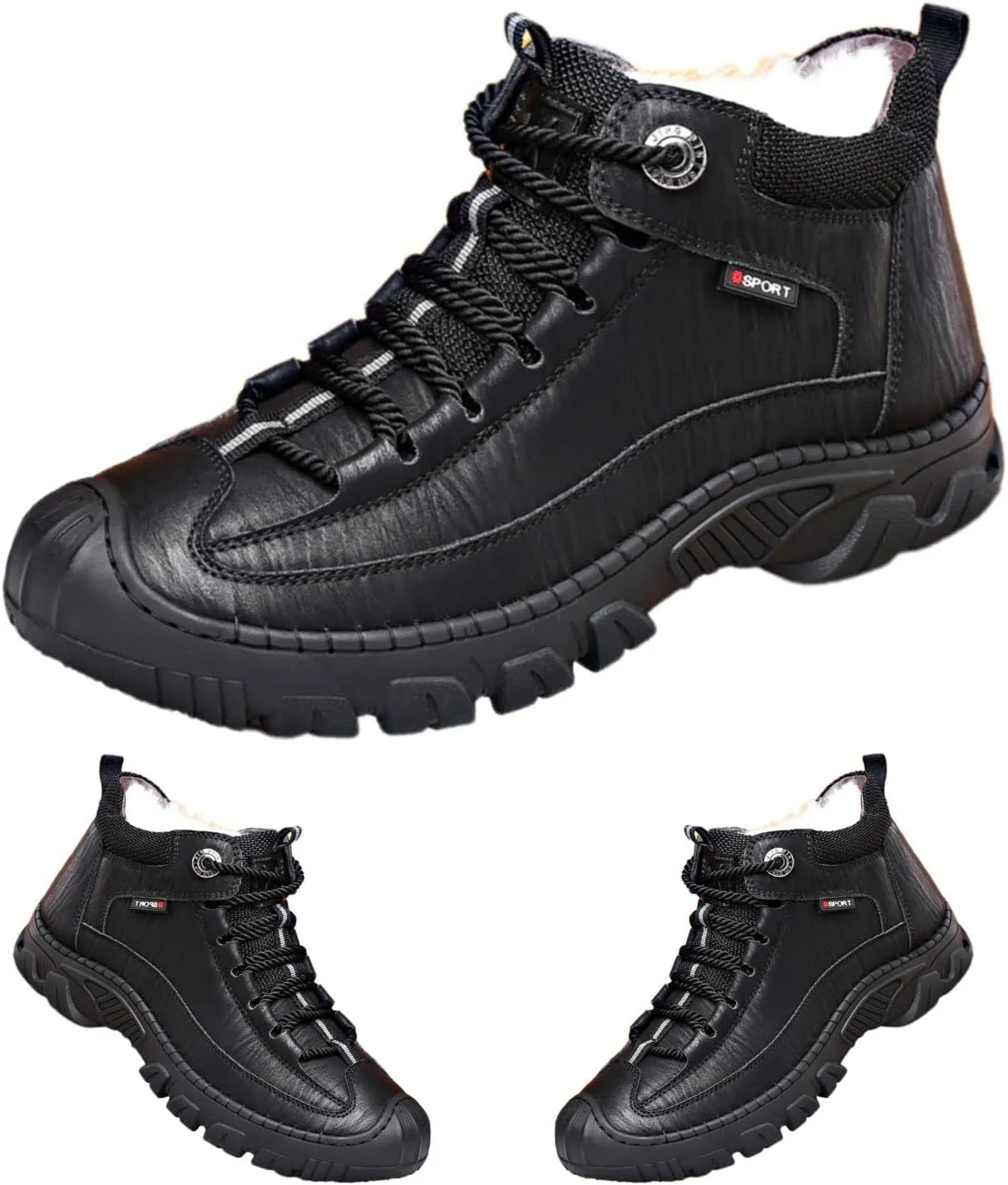 DevilAngel Men's Fleekcomfy Snowy Villi Leather Ankle Boots, Fleece Thick Lace-Up Low Top Snow Boots, Outdoor Non-Slip Hiking Boots. (Black,10)