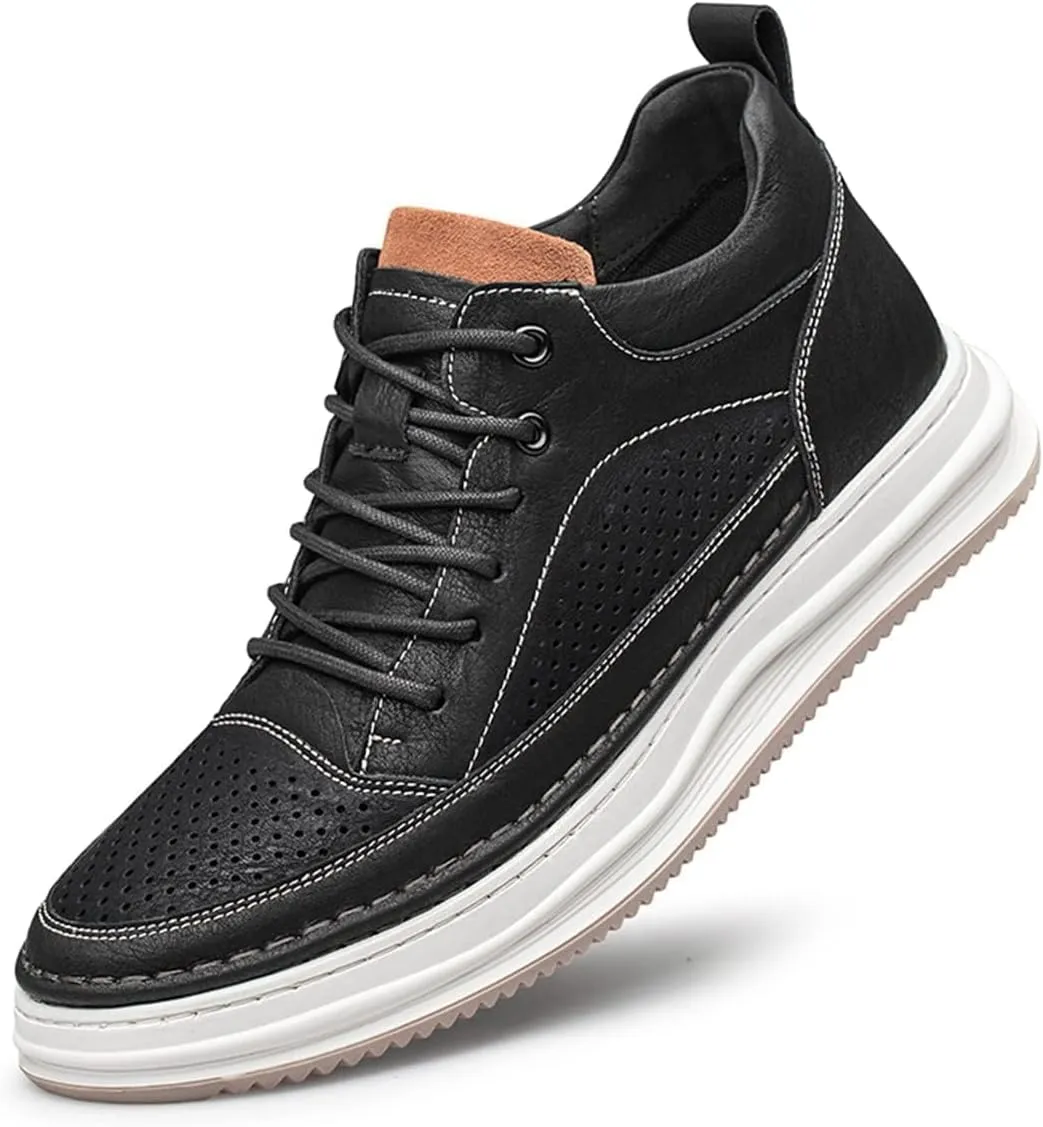 Mens High Top Elevator Boots, Fashion Walking Business Trainers Comfort Leather Non-Slip Hiking Sneakers
