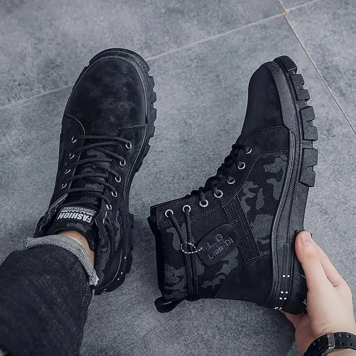 TERBOFIN Men's Fashion Boots High-top Hiking Shoes for Men Canvas Casual Boots for Work Outdoor Camouflage Upper
