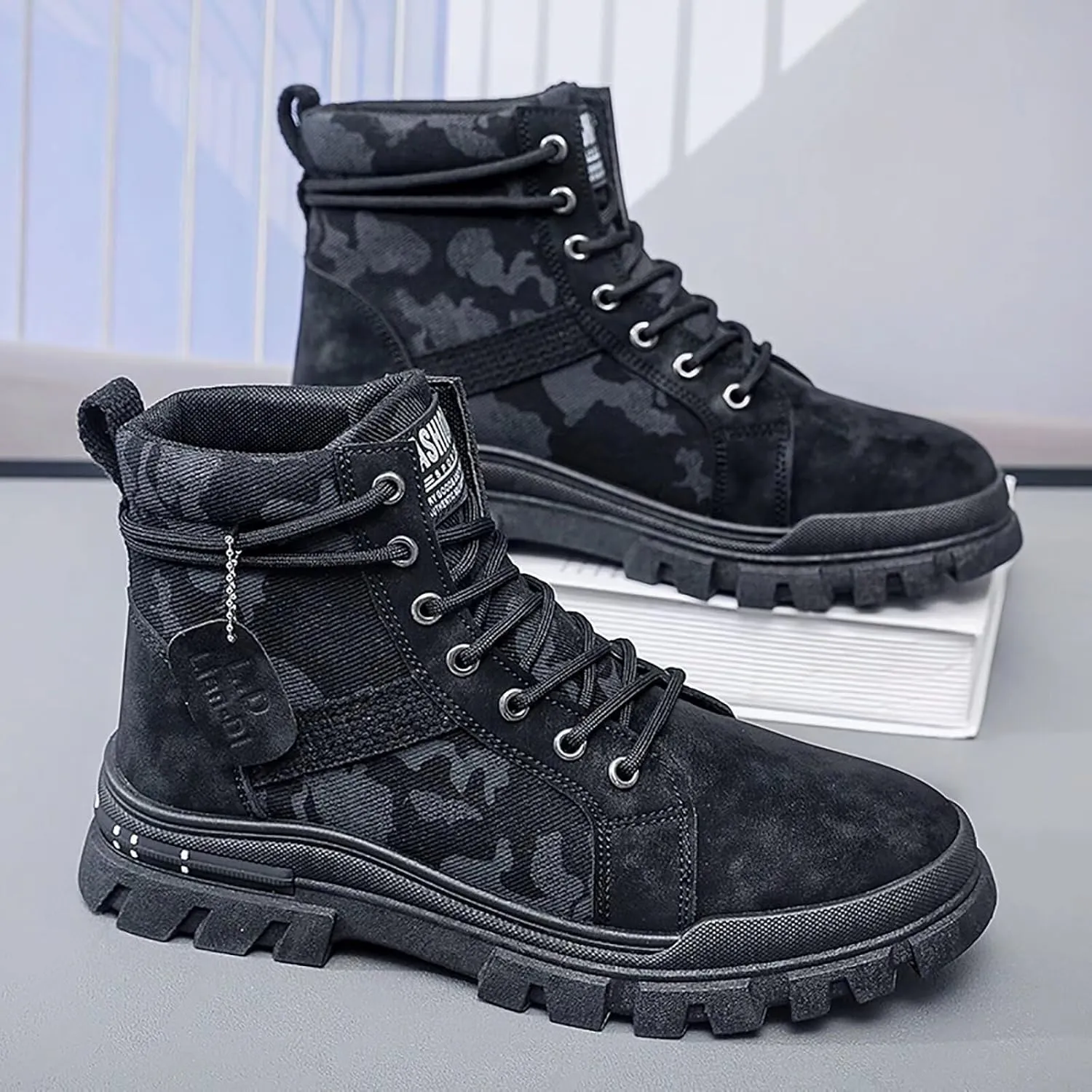 TERBOFIN Men's Fashion Boots High-top Hiking Shoes for Men Canvas Casual Boots for Work Outdoor Camouflage Upper